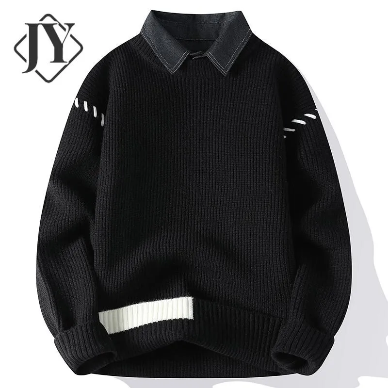 

Thiened Men's Knitted Sweater with Collar Autumn Winter New Sle Fake Two-Piece Warm Base irt een Leading Design