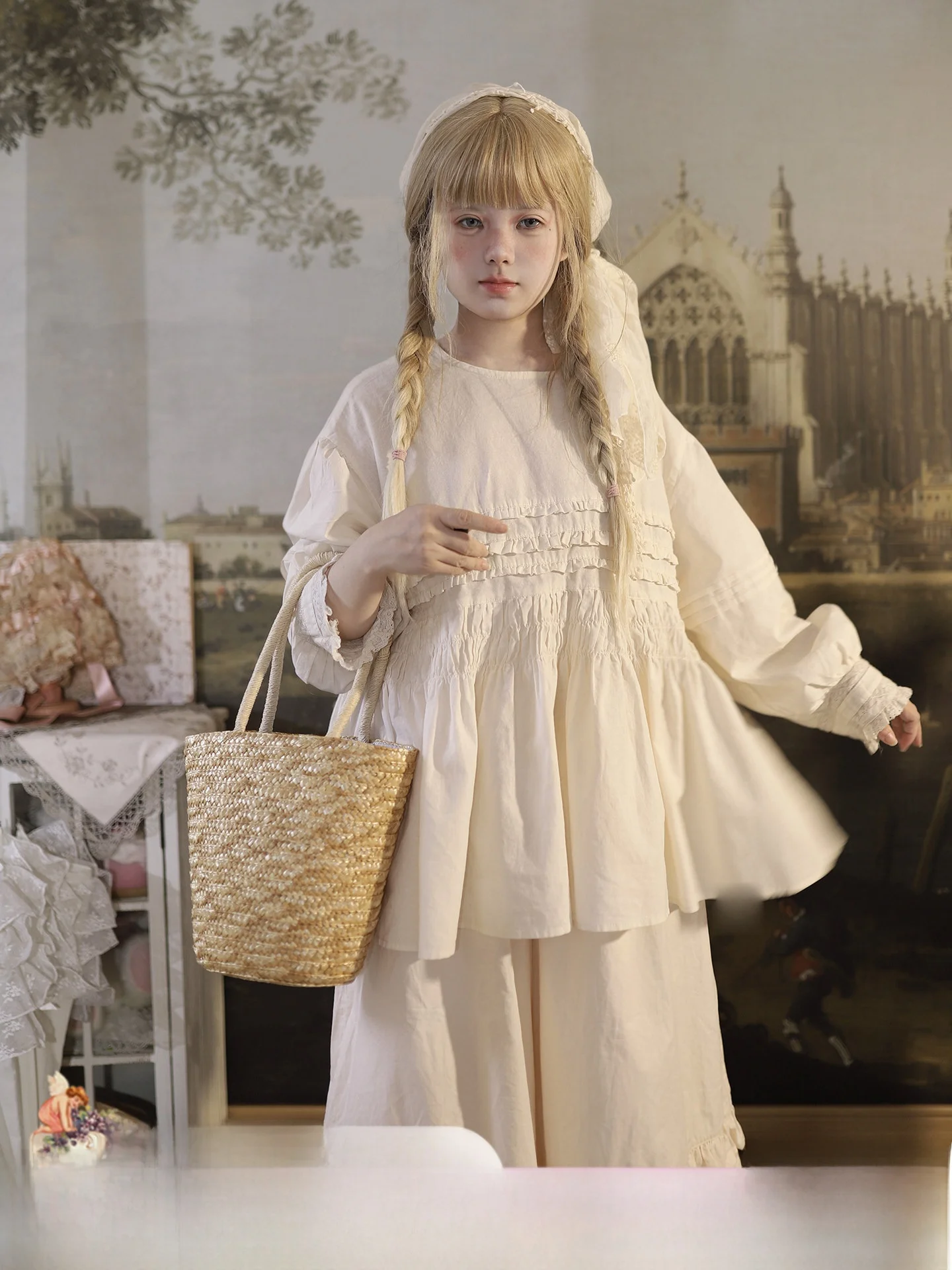 

Женская хлопковая толстовка Labeau Island в стиле ретро с кружевными вставками и длинными рукавами-фонариками, свободного кроя, с круглым вырезом, весенняя, милая.