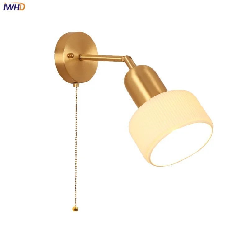 IWHD Rotatable Nordic LED Wall Lights Bathroom Mirror Light Bedroonm Dining Living Room Pull Chain Switch Ceramic Art Wall Lamp