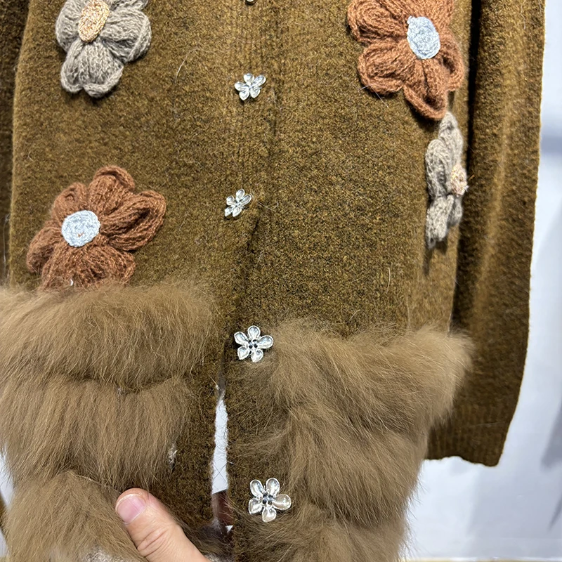 2025 여성 겨울 두꺼운 리얼 폭스 퍼 여성 패션 가을 스웨터 니트 싱글 브레스티드 코트