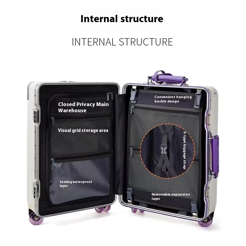 Front Opening Luggage High Quality PC Aluminium Frame Suitcase Wide Handle Carry on Travel Luggage With Laptop USB Charger Port
