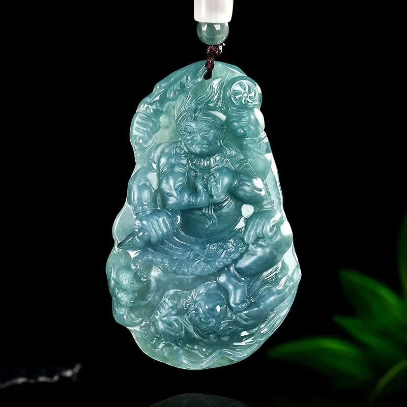 

Natural Jadeite Immovable King Blue Water Jade Pendant Zodiac Patron Saint Natal Buddha Male and Female Couple Hanging Amulet
