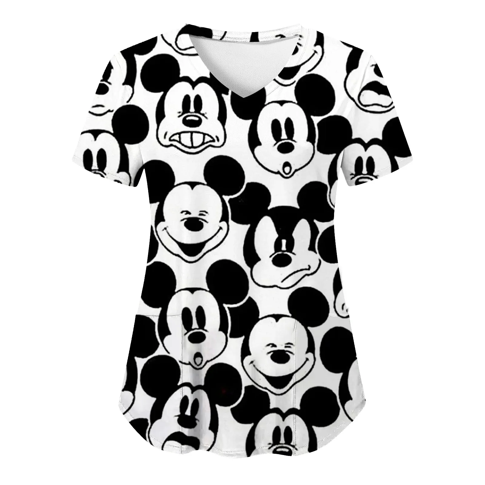 T-shirts V Neck T-shirt Minnie Mouse Tops Nurse Uniform Woman Clothes Mickey Top Women 2023 Summer Pocket Hospital Disney Tees