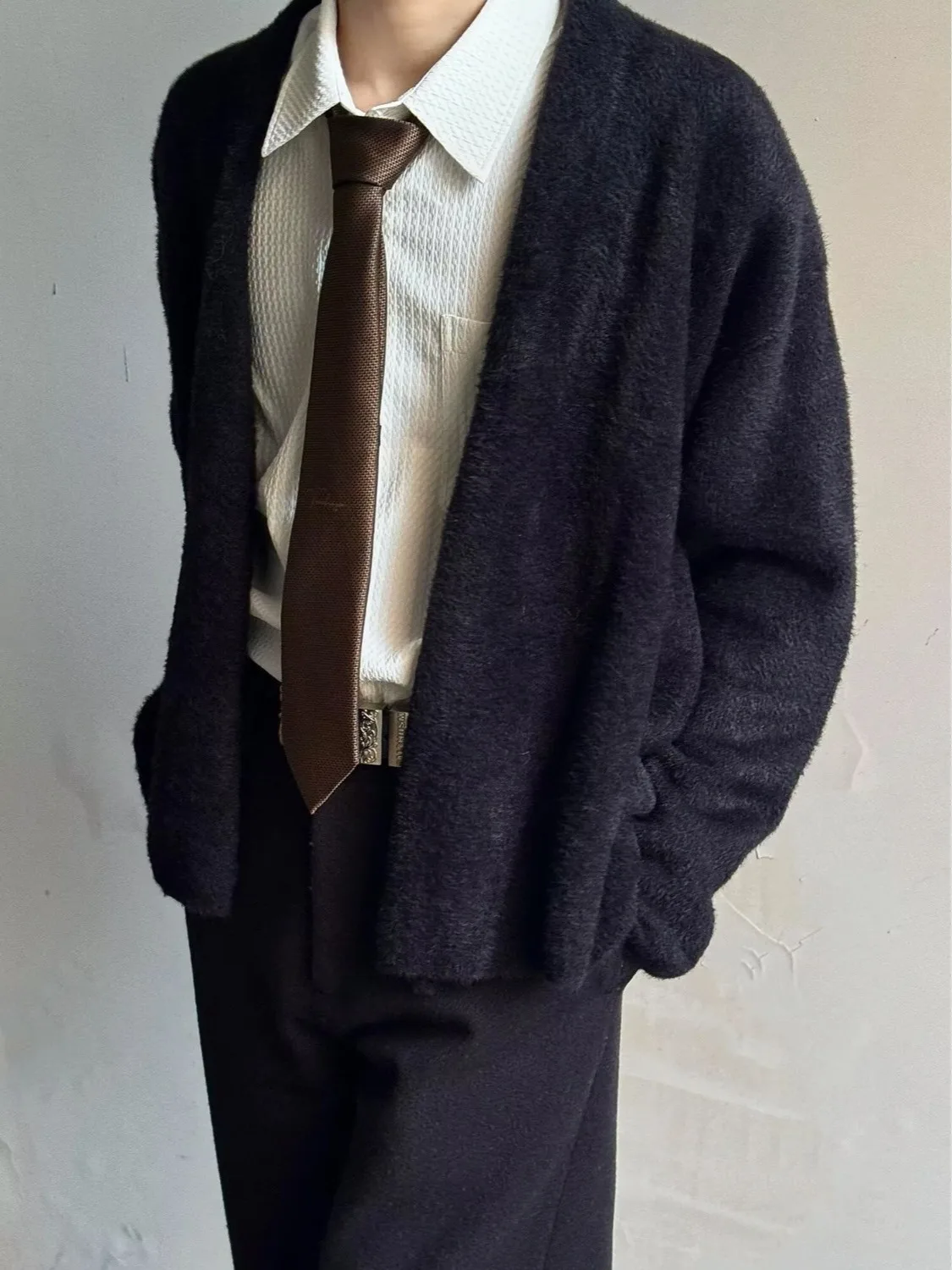 

Men's Loose Fit Faux Velvet Cardigan Sweater Winter Warm Knitted Outerwear Casual Sle Long Sve round Ne Coat