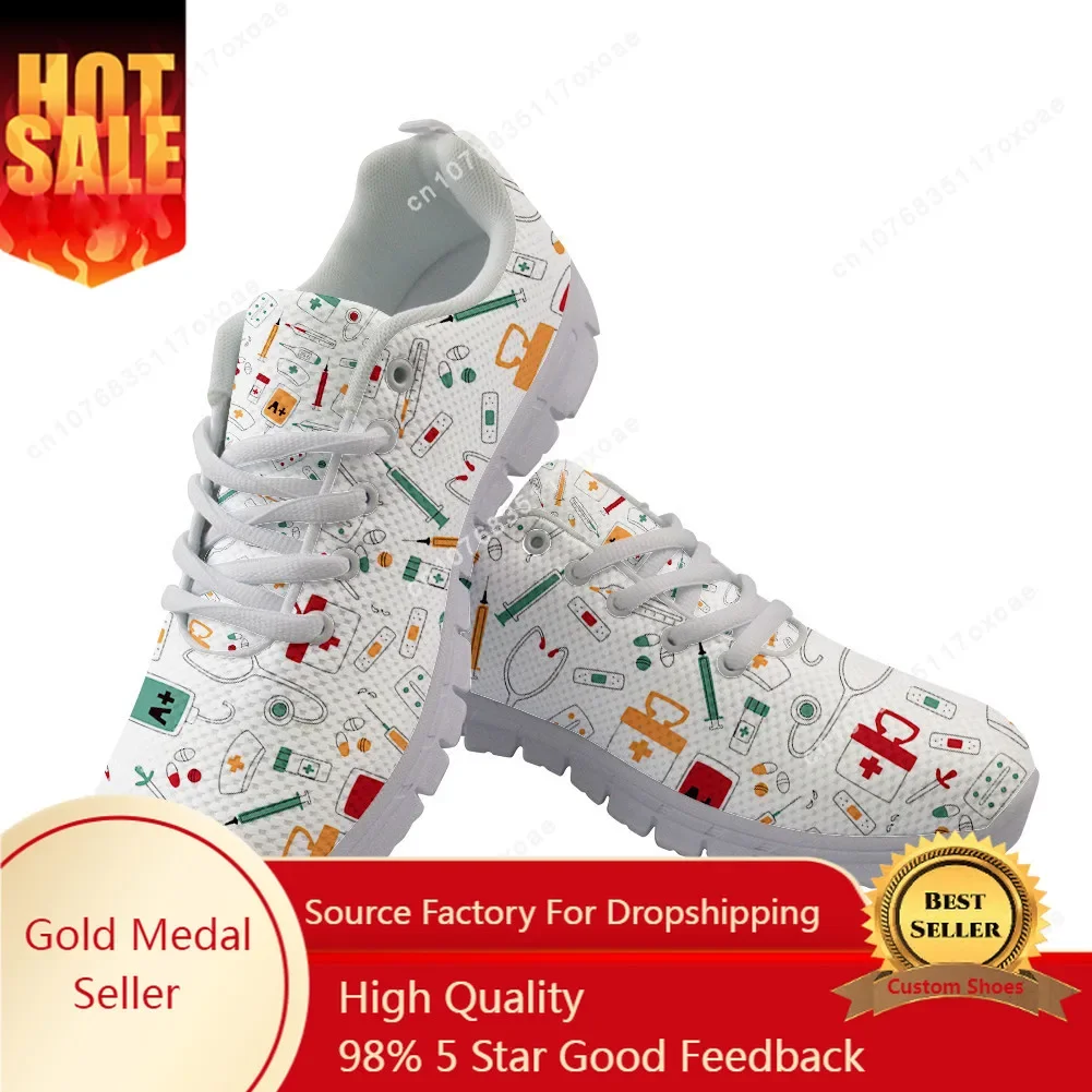 

Cartoon Nurse Supplie Pattern Sneakers Women Lace-Up Shoes Spring Travel Mesh Footwear Girls Daily Flats Style Custom
