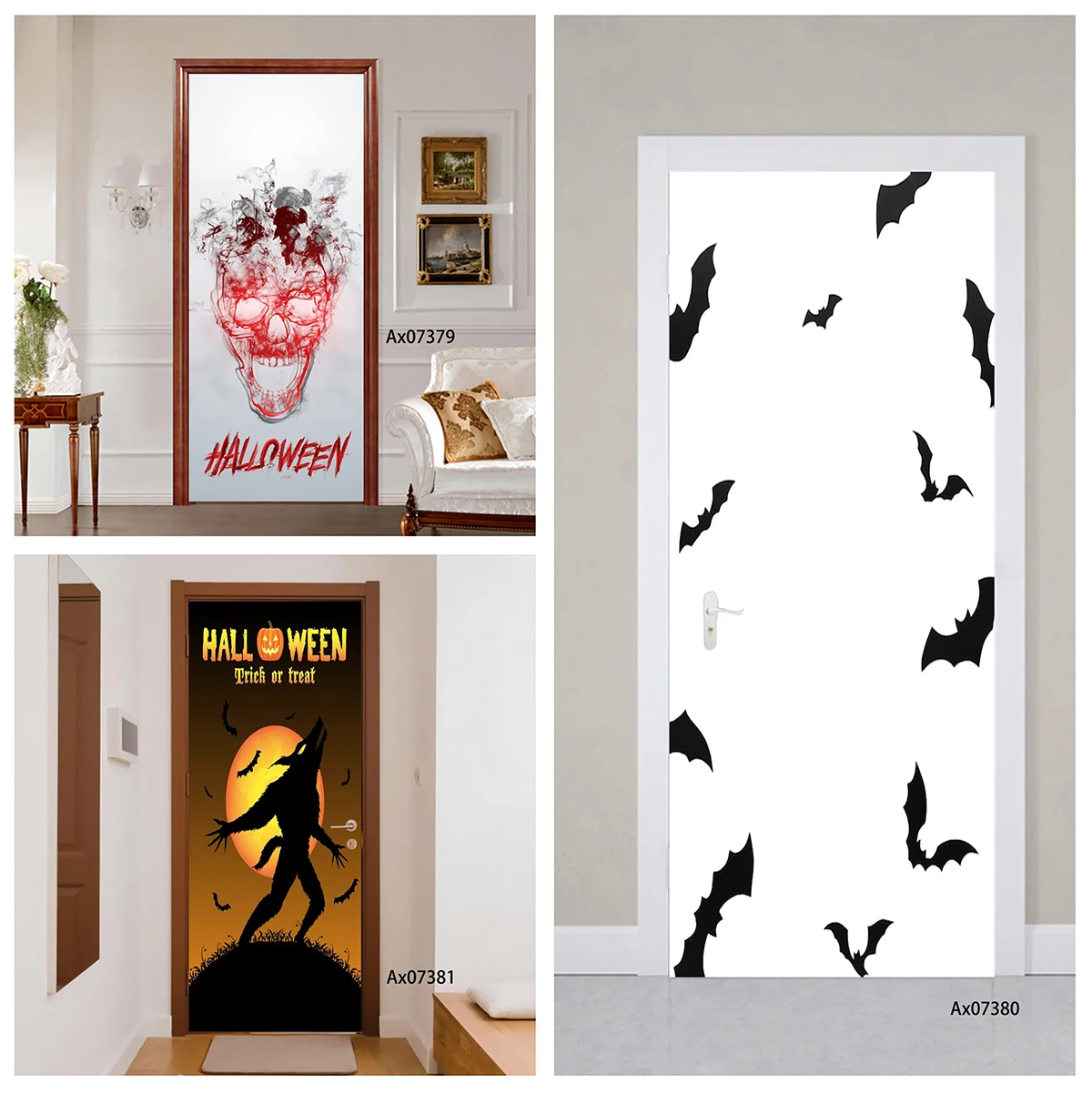 Door Decal Waterproof Removable Halloween Party Full Moon Bat Wolf Spider Web Forest Sticker Home Entry Door Decor Self Adhesive