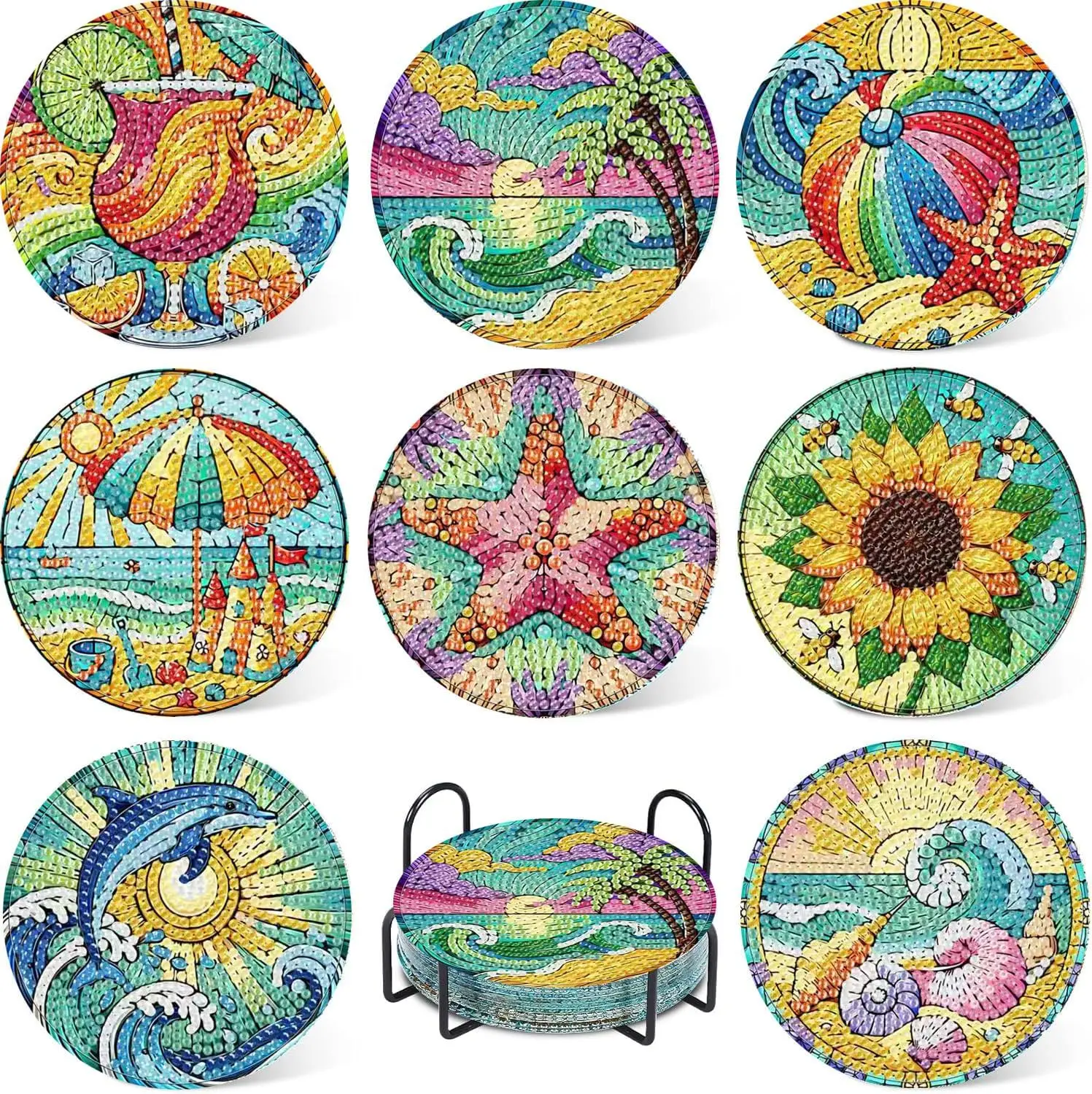 

8 Pcs Ocean Diamond Painting Art Coasters Kits for Adults, Diamond Art Coasters with Holder DIY for Beginners, Adults, Diamonds