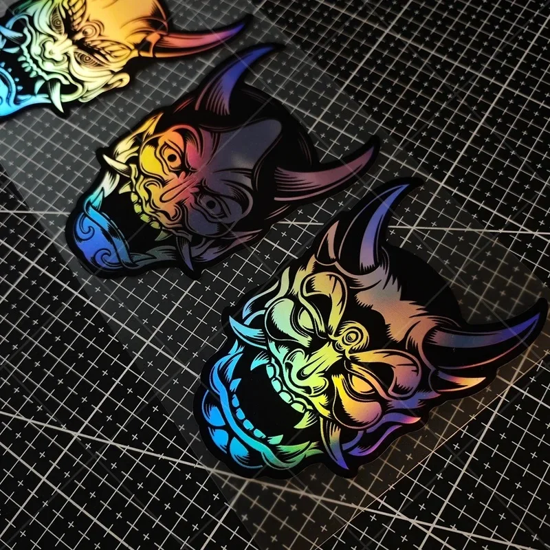Vintage Tattoo Style Japanese Hannya Mask Car Stickers, Iridescent Rainbow Reflective Demon Head Vinyl Decal Suitable For Car, M