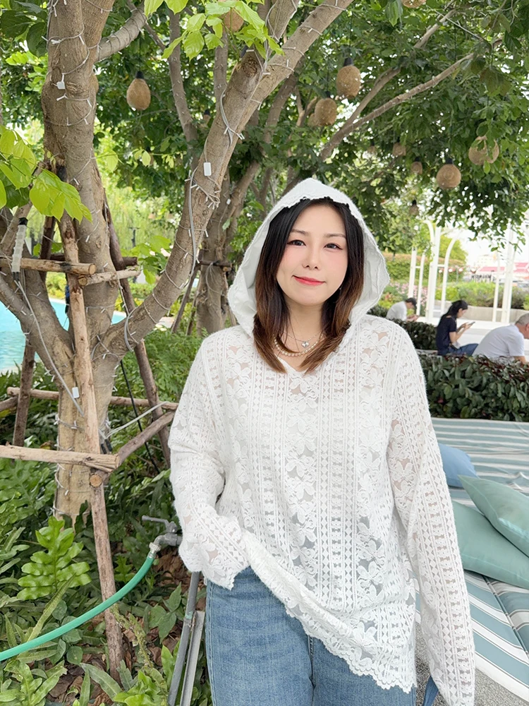 

VOGANA Large Size Women's Lace Hollow out Hoodie Spring Slimming Top Korean Sle Commute Faion Pure Color Polyester Fiber