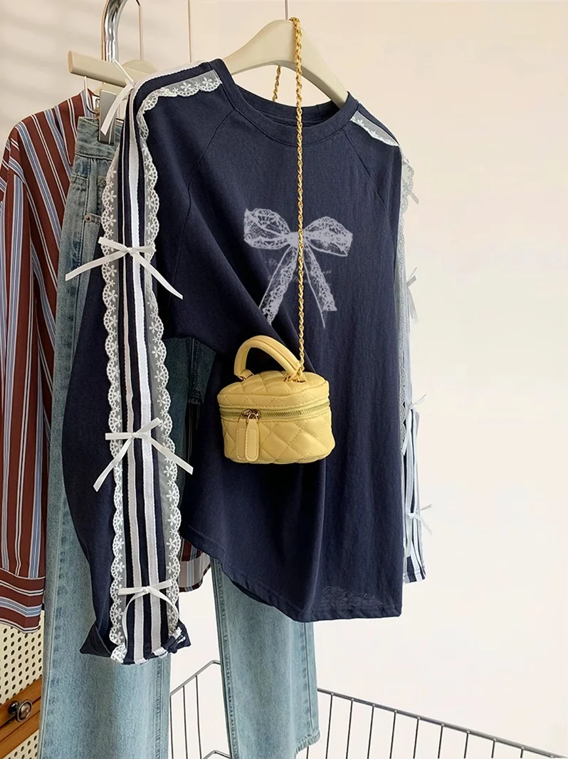 

Heavyweight Knot Lace Trim Thin Sweatshirt Women's Loose Outerwear Spring Autumn Korean Style Long Sleeve round Neck
