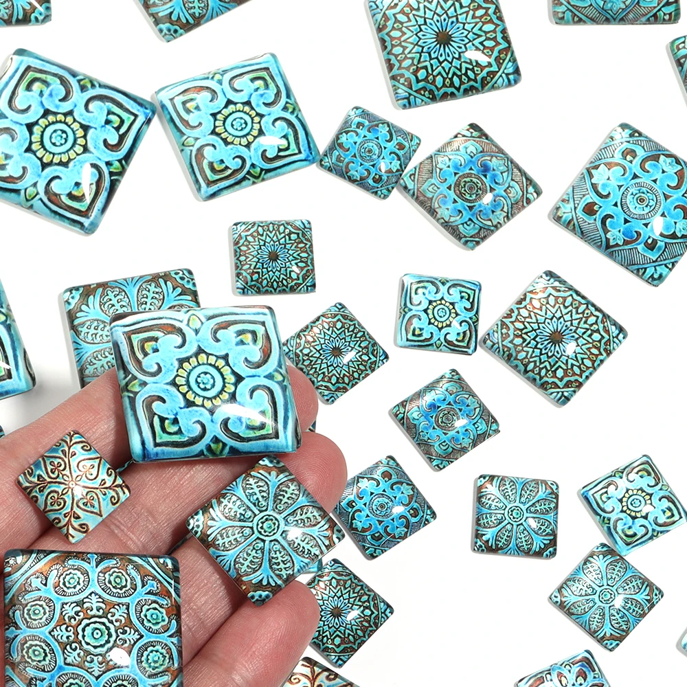 10 Stück Quadratische 15 20 25 30mm Blaue Glas-Weiße Porzellan-Cabochons Cameo-Basisfassung DIY Schmuckherstellung Schmuckkomponenten