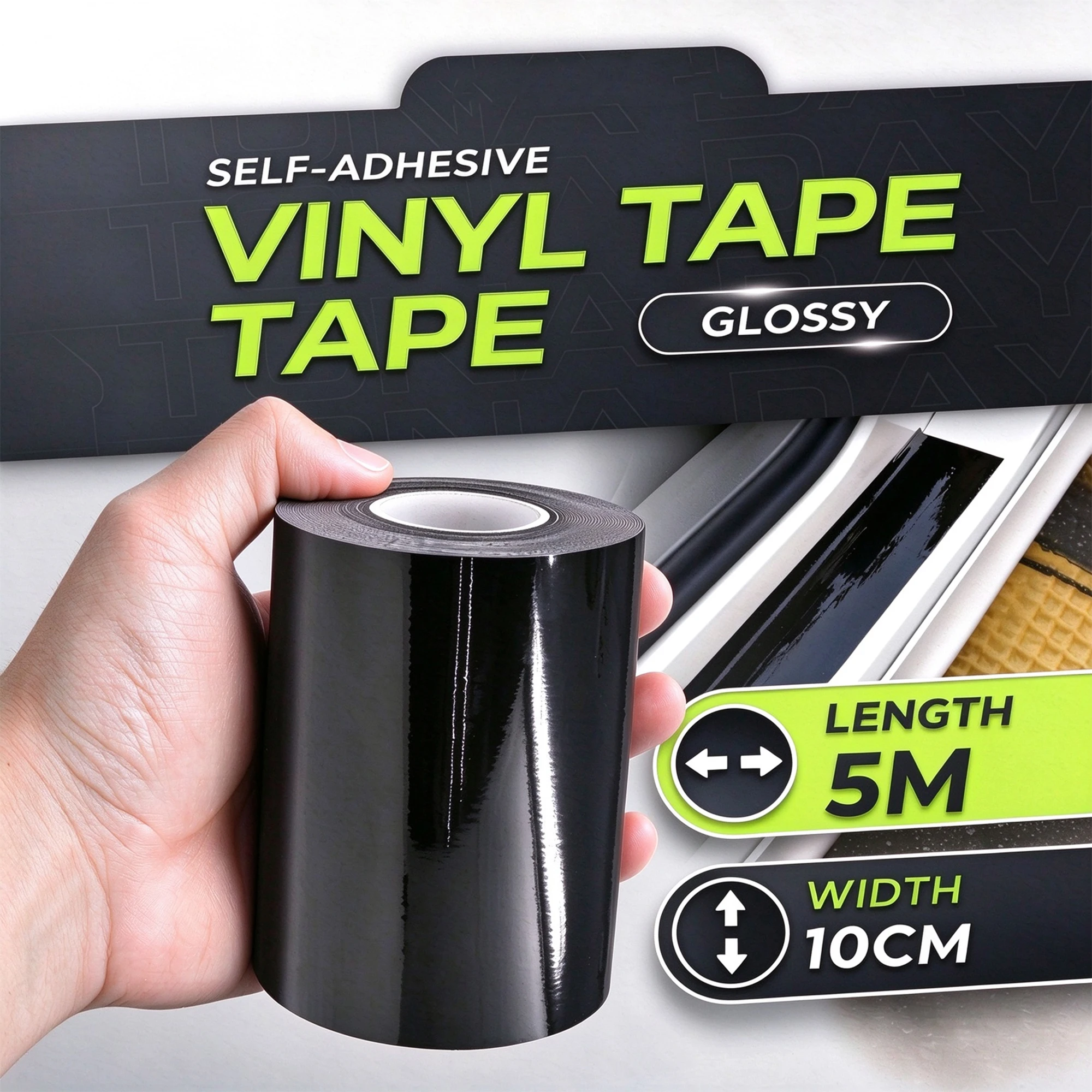 10CMX5M Glossy Black Vinyl Wrap Tape Car Door Sill Film Waterproof UV Resistant Removable Car Body Decals Stickers for Vehicle