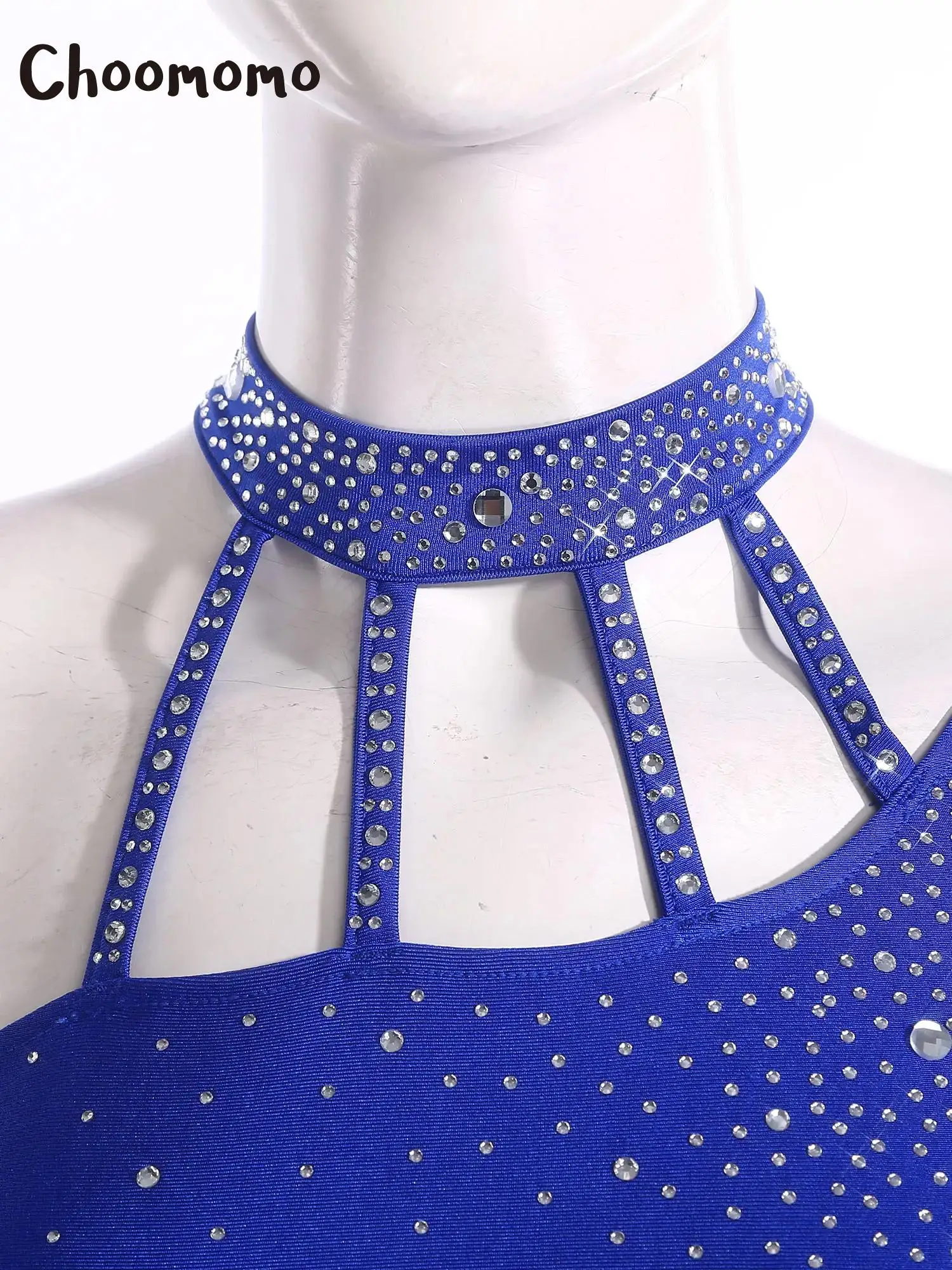 

Women Modern Ballet Dance Outfit One Shoulder Sheer Mesh Rhinestone Crop Top with Irregular Skirt Shorts Gymnastic Latin Costume