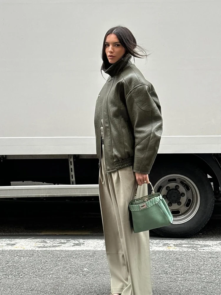 Green Zipper Leather Jacket Women Casual Stand Coller Long Sleeve Loose Coat Chic 2025 Lady Autumn Outerwear Daily Street Coats