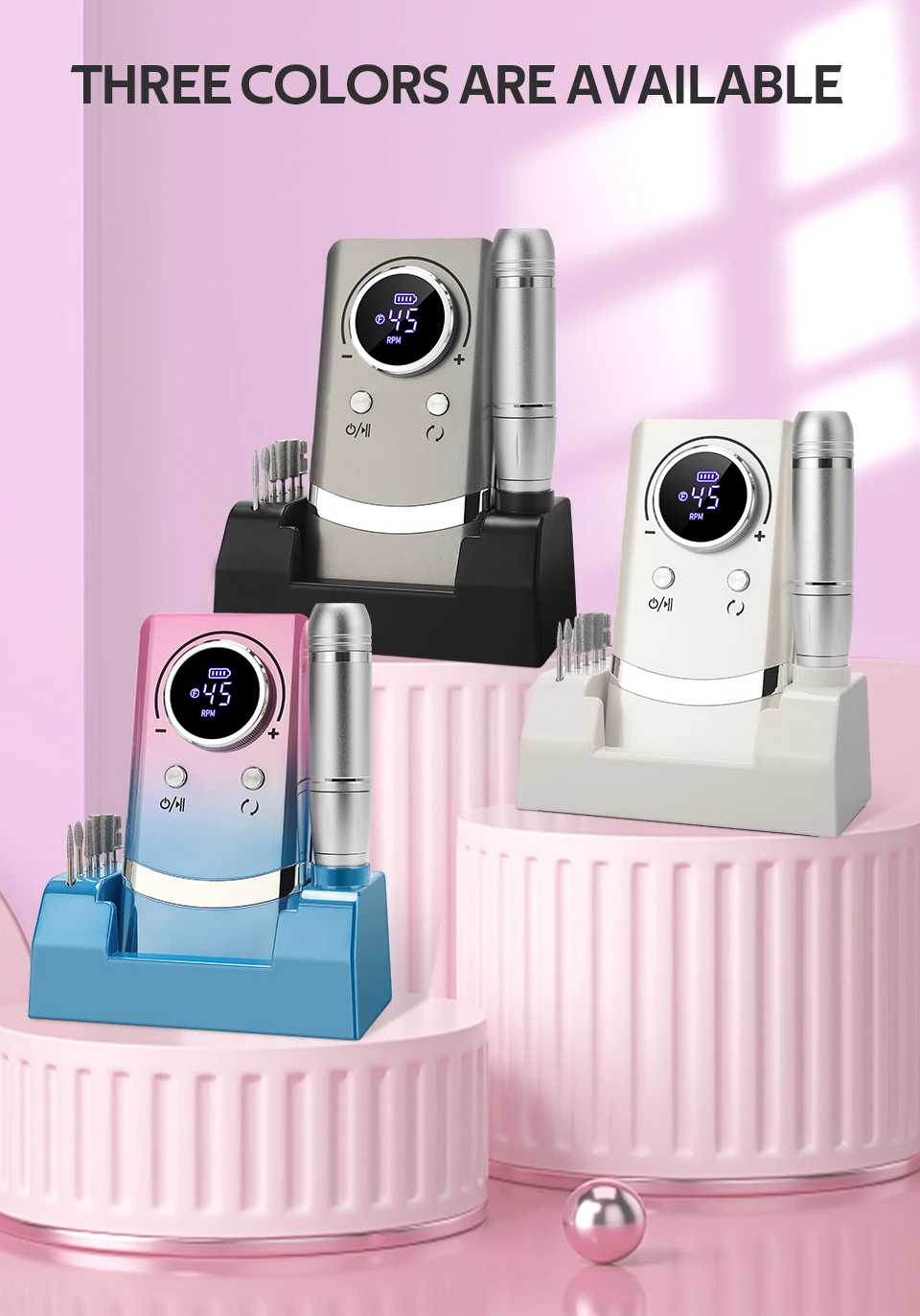 Nieuwe 45000 RPM professionele oplaadbare nagelboormachine met LCD-scherm Geluidsarme professionele nagellakschuurmachine