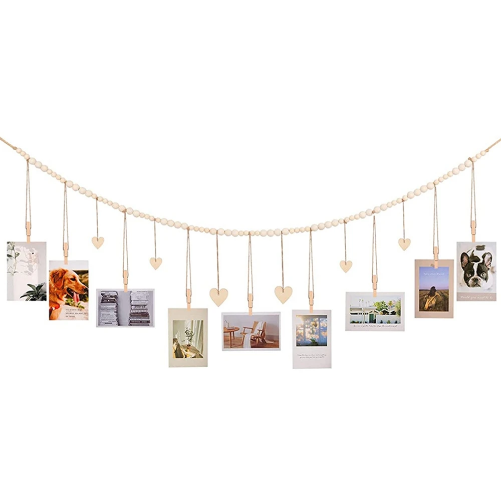 Wall Hanging Photo Display with Wooden Beads Garland Boho Christmas Picture Card Frame for Home Decor Living Room Bedroom 138cm