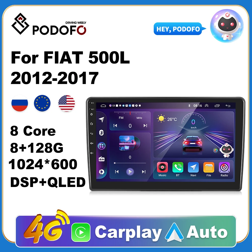 Podofo Wireless CarPlay Andorid Auto Car Radio For FIAT 500L 2012-2017 AI Voice Multimedia GPS 2din autoradio