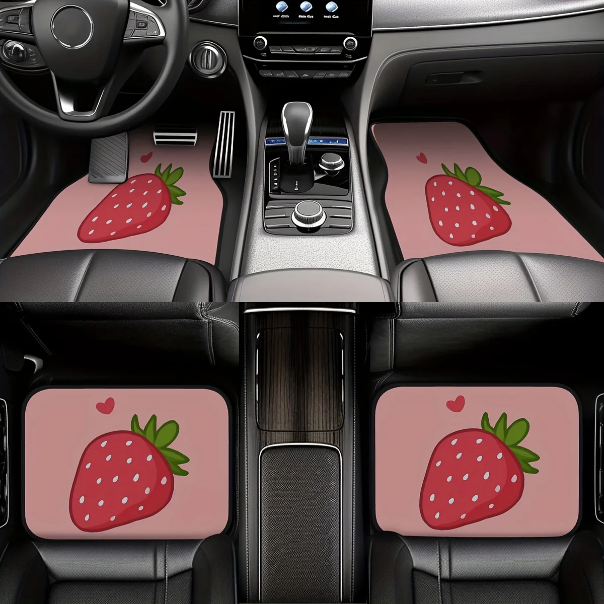 Set Of 4 Adorable Strawberry-Themed Classic Car Floor Mats - Ideal For Compact Vehicles, Sedans, And Suvs