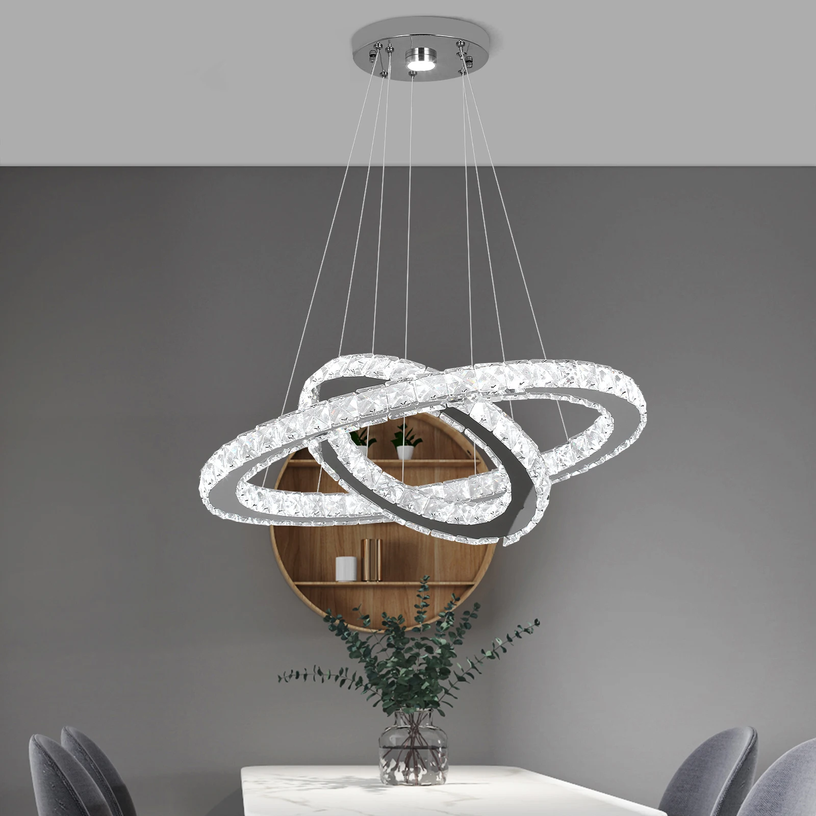 Modern Led  Pendant Light Luxury Crystal Rings Dimmable Chandelier Hanging Lustre Ceiling Lamp Living Dining Room Decor Fixture