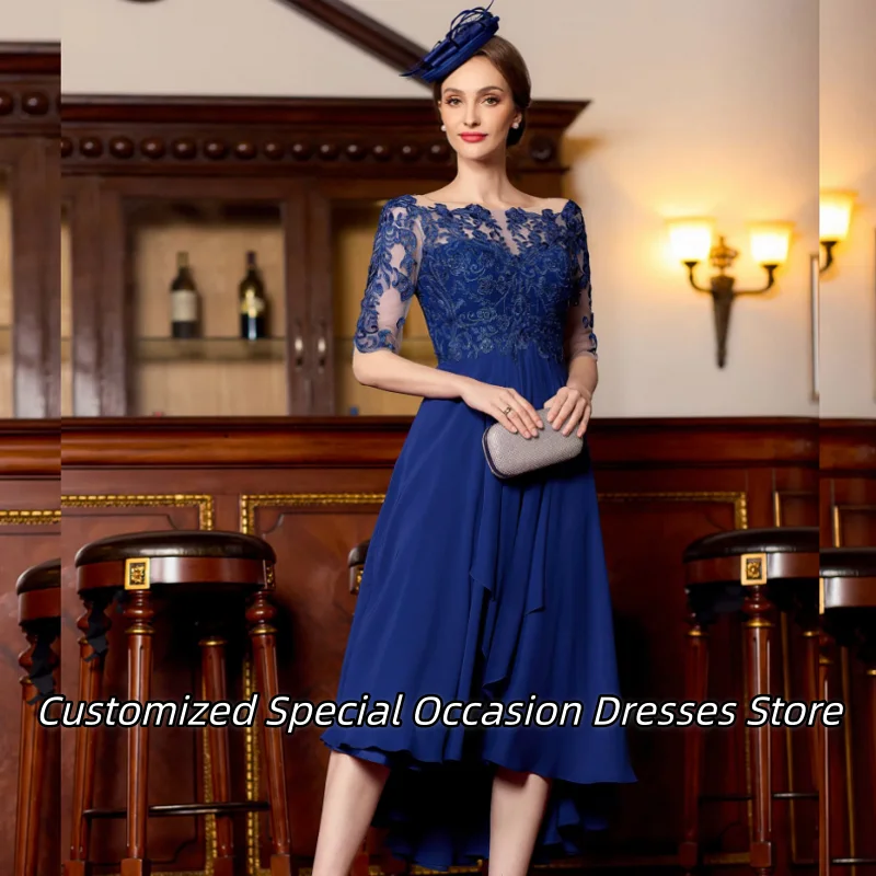 

Королевское синее платье чайной длины по индивидуальному заказу, нежное кружевное вечернее платье с аппликацией для женщин, торжественный наряд, Vestido De Festa