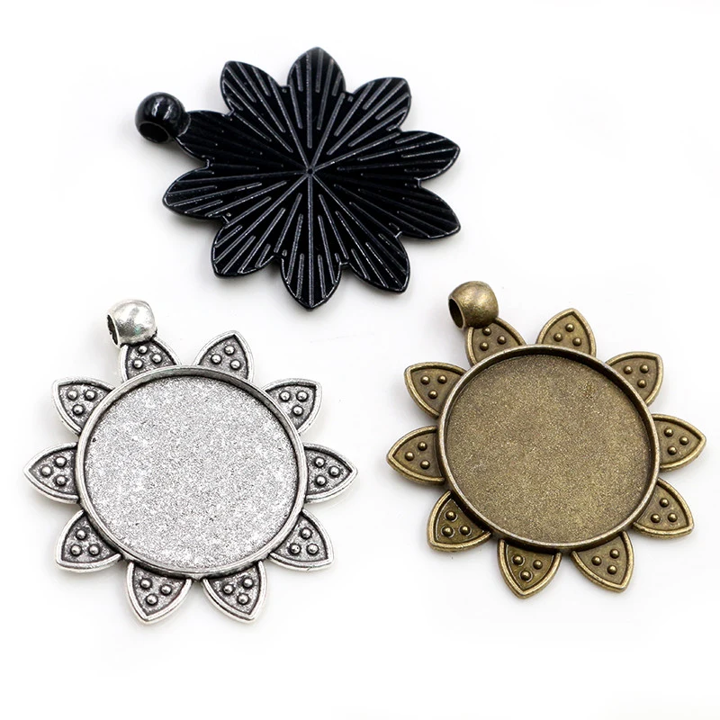 New Fashion 5pcs 25mm Inner Size Bronze Antique Silver Plated Black Sunflower Style Cabochon Base Setting Charms Pendant