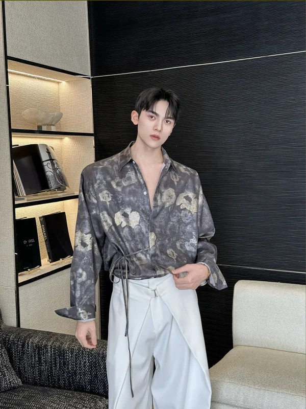 

Loose Fit Men's Long Sve irt Spring 2026 Printed Tie Design Korean Sle Casual Polyester Fiber Deformable
