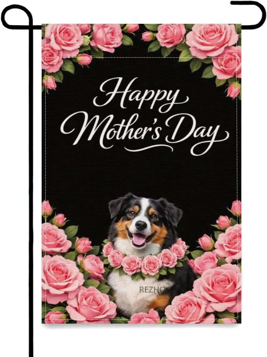 Happy Mother’s Day Garden Flag 12x18Inch,Cute Australian Shepherd Pink Rose Floral Black Background,Spring Outdoor Yard Deco AAS