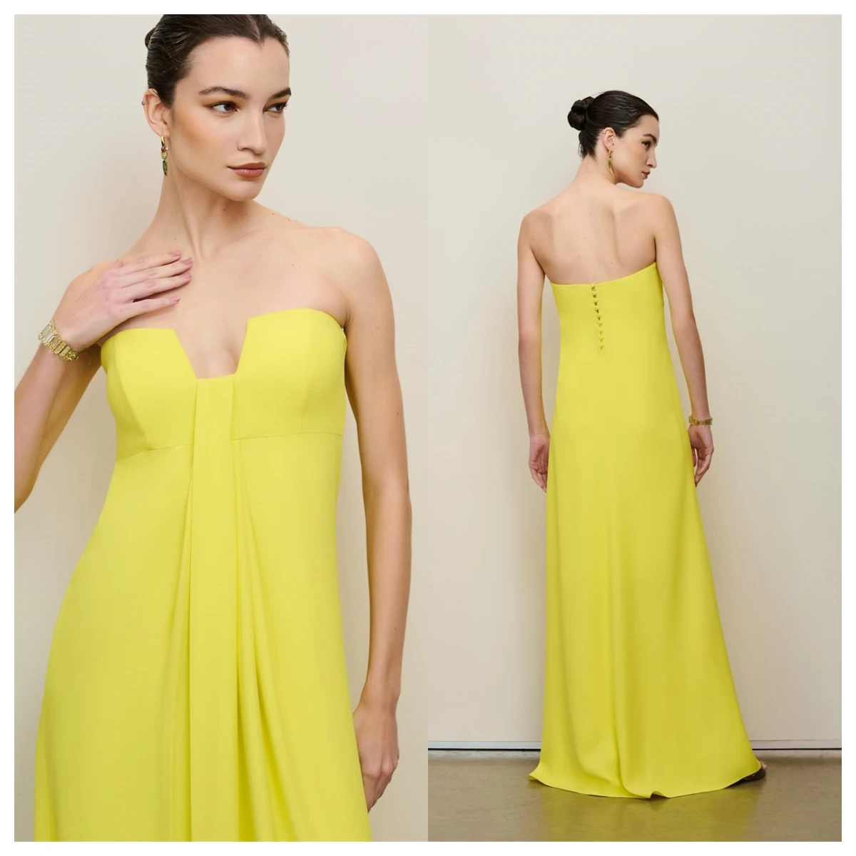 

Customized Classic Yellow Jersey Evening Dress Strapless Sleeveless Bridal Party Buttons Back Temperament Homecoming Dress
