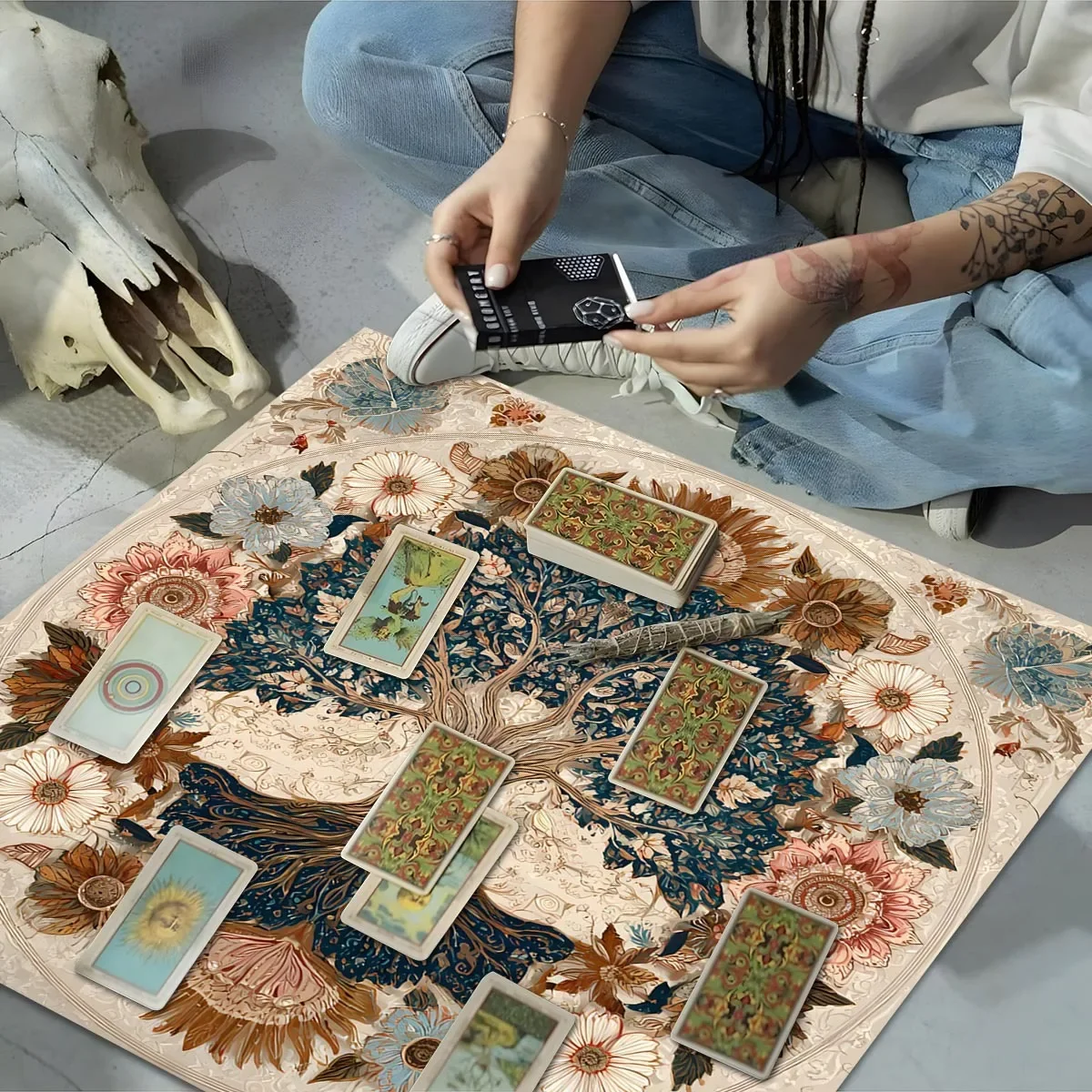 Flower Tree Sacred Wheel Pattern Tarot Tablecloth Stain Resistant Durable Universal Tablecloth For Tarot Meditation Rituals