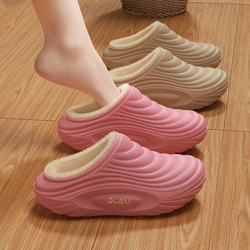 

Waterproof Cotton Slippers Thick Bottom Home Shoes Men Women Warm Fleece Winter Anti-Slip Indoor Outdoor Couples Slippers
