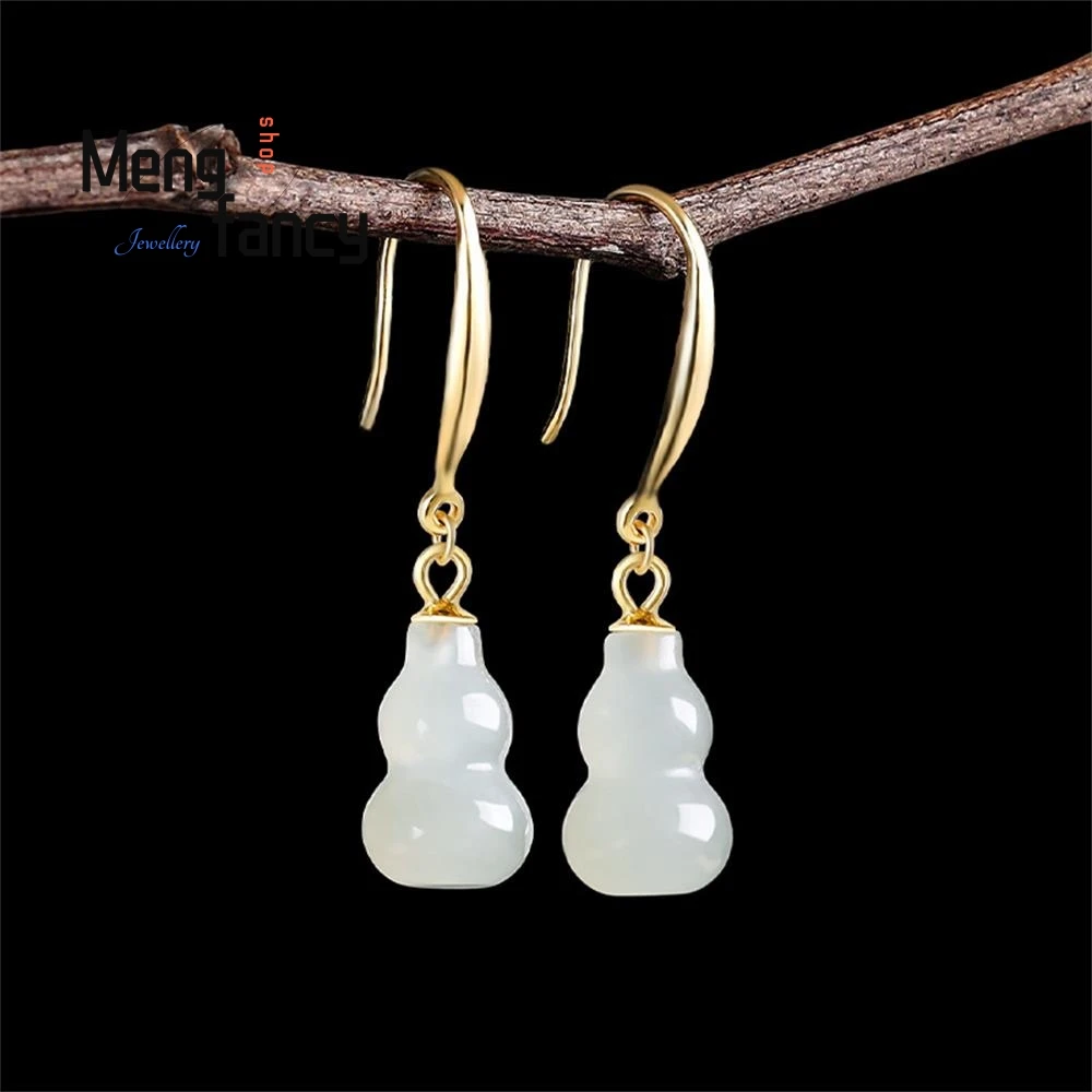 

Genuine Old Material Natural Hetian Jade Gourd Jade Earrings S925 Silver Inlaid Chinese Style Temperament Female Models Jewelry