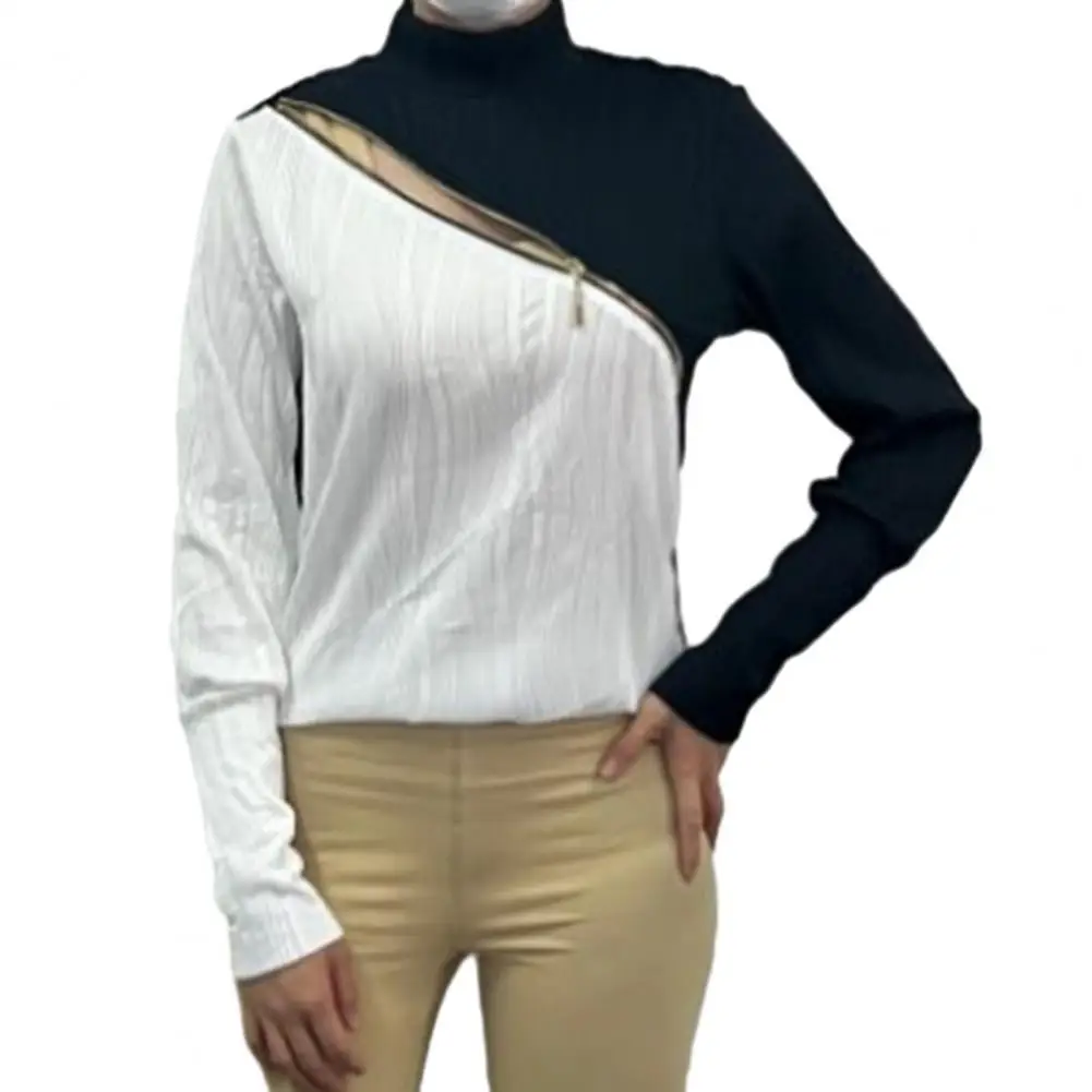 Blusa de textura de onda de água oca feminina, blusa macia com zíper elegante, manga comprida, senhora