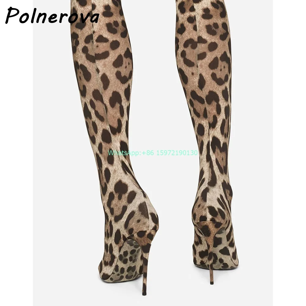 Leopard Print Extra Long Elastic Boots Pointy Toe Slip On High Heels Slip On Sexy Tight High Boots Ladies Runway Unique Boots