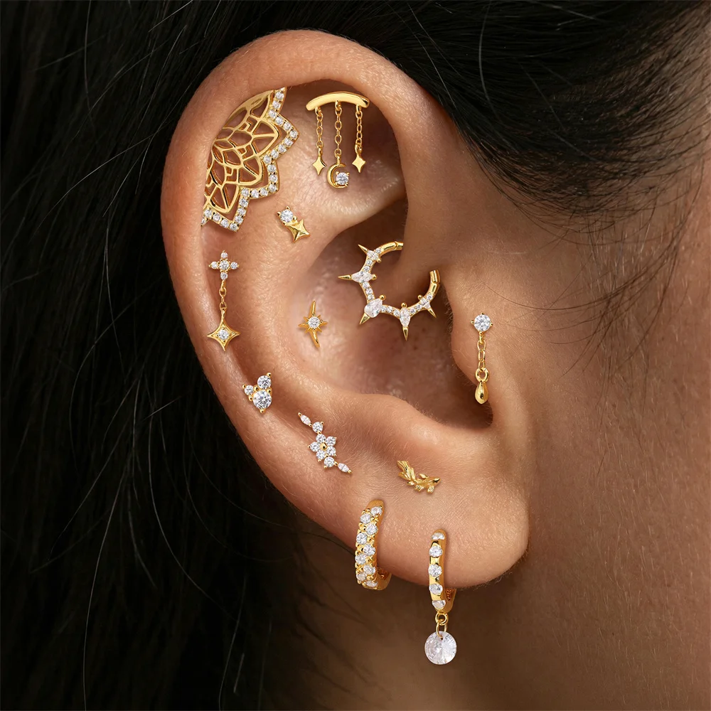AIDE 925 Sterling Silver Star Moon Pendant Tassel for Women Skeletonized  Lotus Flower Flat Back Piercing Earring Party Gifts
