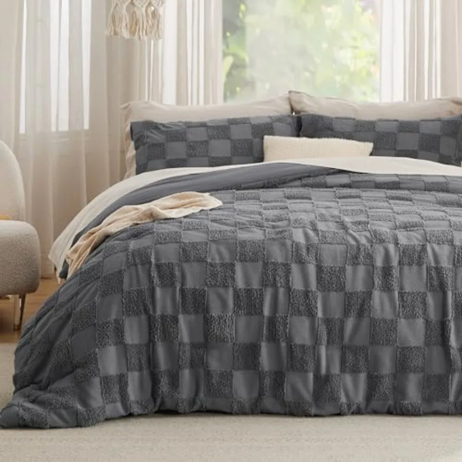Dark Grey Size Comforter Set, Boho Tufted Bed Set, Checkered Farmhouse-Style Distressed Vintage Bedding, 3 Pieces, 1 Plaid Geom