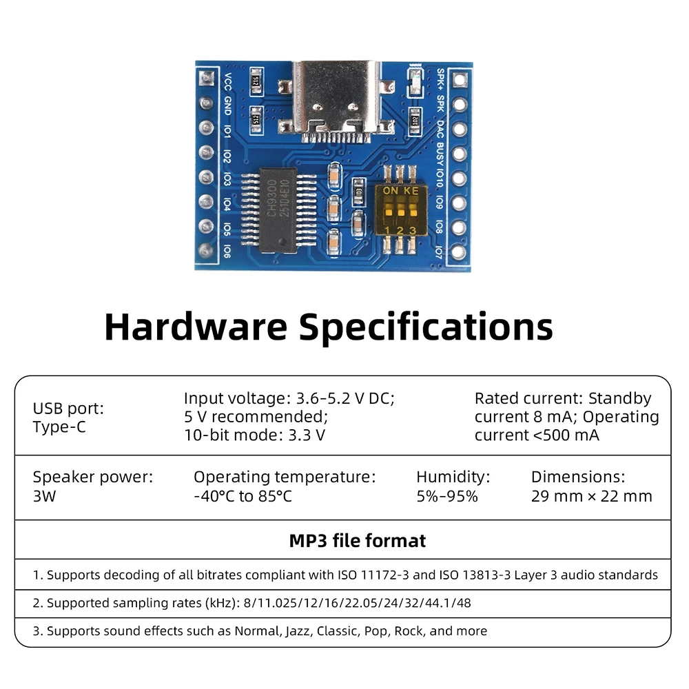CH9300 Audio-Sprachmodul mit 10 Tasten für Einzelsteuerung der Wiedergabe, unterstützt MP3-Hardware-Dekodierung, Typ-C USB, 4 MB/16 MB/TF-Karte – Detail 13