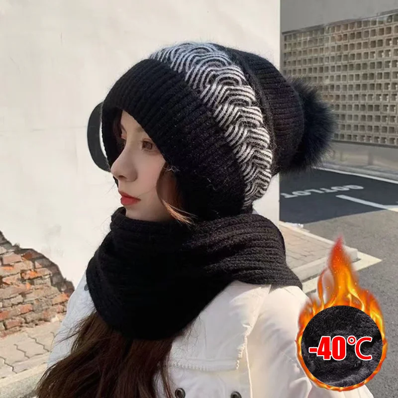 Conjunto de gorro y bufanda de punto para mujer, gorro grueso y cálido con doble acolchado, calentador de cuello a prueba de viento, regalo de Navidad para esquiar y correr