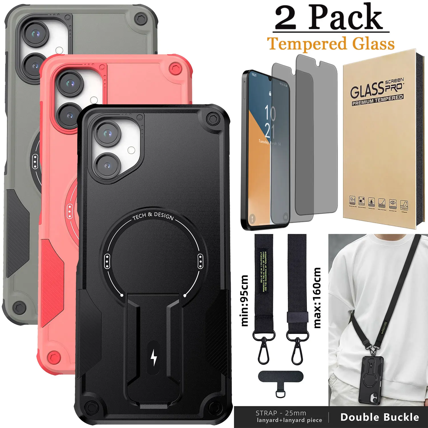 

Для Samsung Galaxy A06 магнитный противоударный чехол-подставка + цепочка для телефона + 2 шт. защитная пленка из закаленного стекла для конфиденциальности