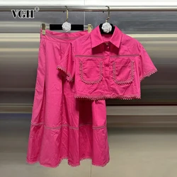 VGH Solide Zweiteilige Sets Für Frauen Revers Kurzarm Patchwork Taschen Tops Hohe Taille Falten EINE Linie Röcke Casual Set Weibliche