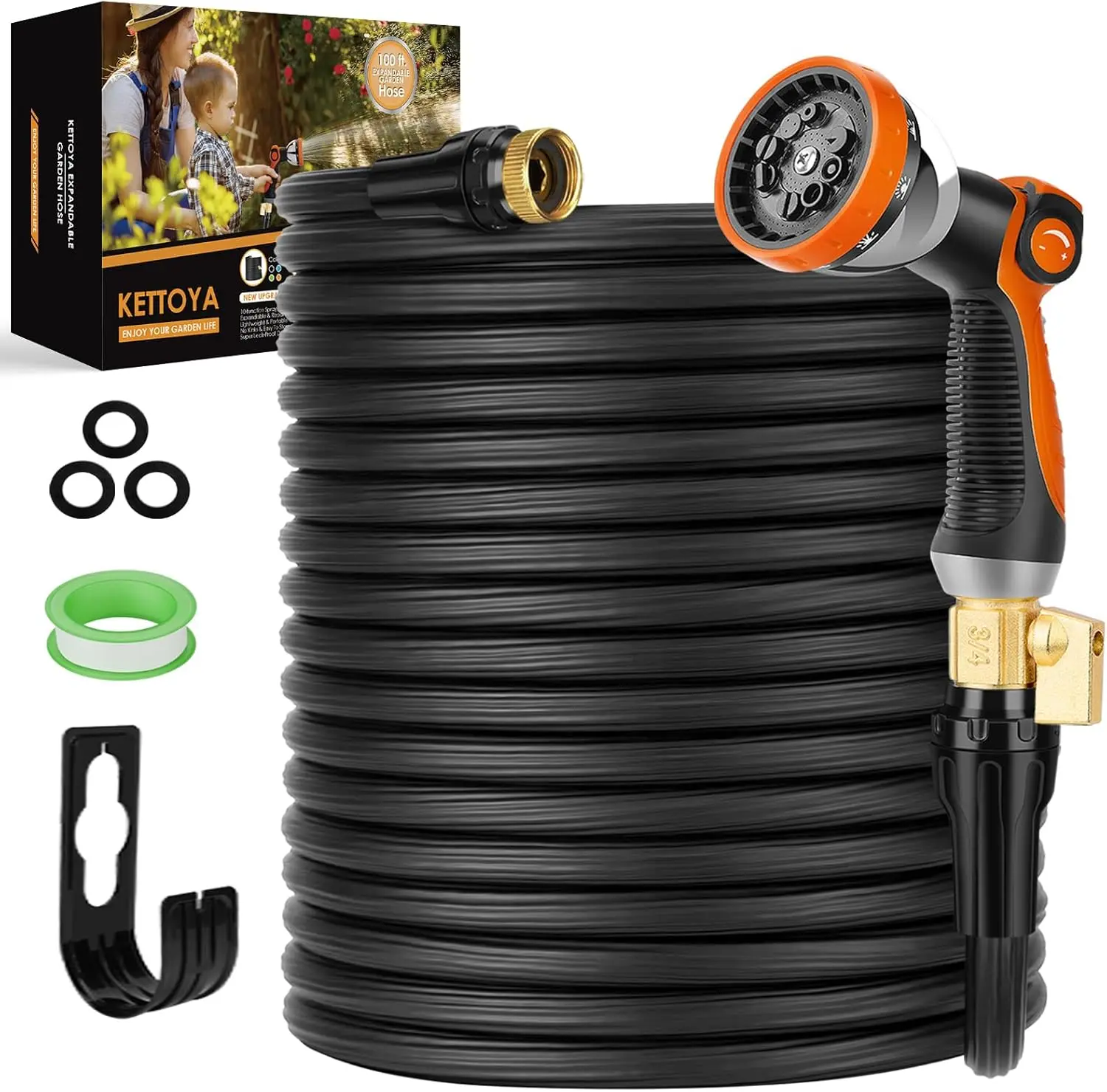 

100FT Garden Hose, Expandable Water Hose with 10-Pattern Spray Nozzle, Flexible Retractable Hose Pipe, No-Kink, Lightweight