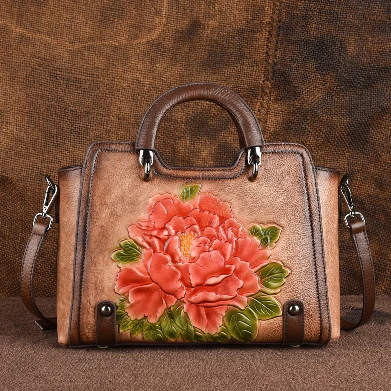 Vintage Genuine Leather Bag Women Real First Layer Cow Leather Tote Bag Chinese Style Floral Ladies Handbag