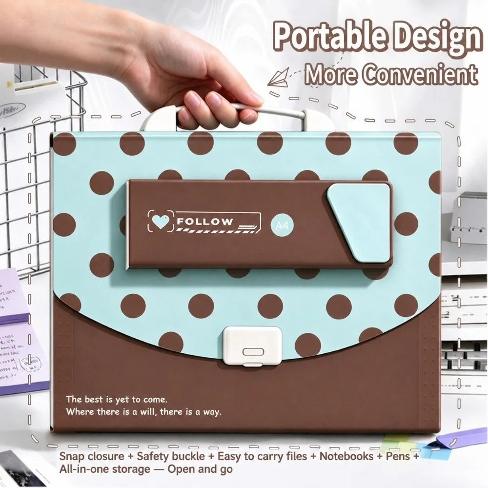 A4 Expanding File Folder 13 Pockets Polka Dot Print Organ Bag Handheld with Detachable Pencil Case Document Organizer