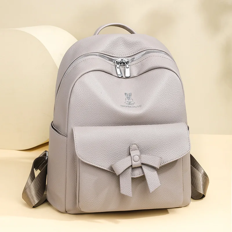 2025 autumn new large capacity women's backpack features bow design and simple and versatile soft PU schoolbag