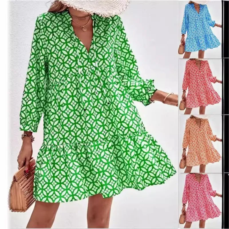 Dress For Women Casual Holiday Clothing Floral Print V Neck Three-quarter Sleeve Spring Autumn Lace-up Elegant Vestidos Female's