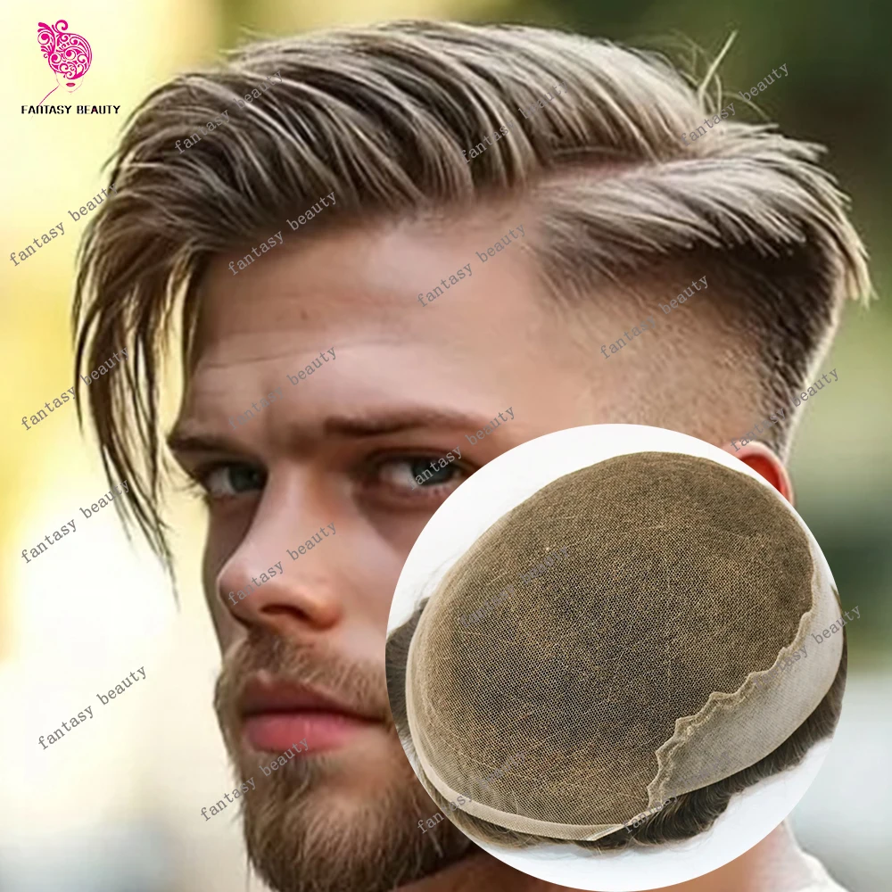 

Естественная линия роста волос # Мужской парик-накладка 22R Honey Blonde Brown Q6 с кружевной передней частью, дышащий, из 100% натуральных волос, серый, с кружевной и полиуретановой основой, протез для волос