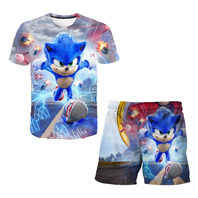 Nuovo cartone animato giapponese Sonic T-shirt top per bambini T-shirt pantaloncini set in due pezzi estate ragazzo cartone animato carino T-shirt + pantaloni da spiaggia