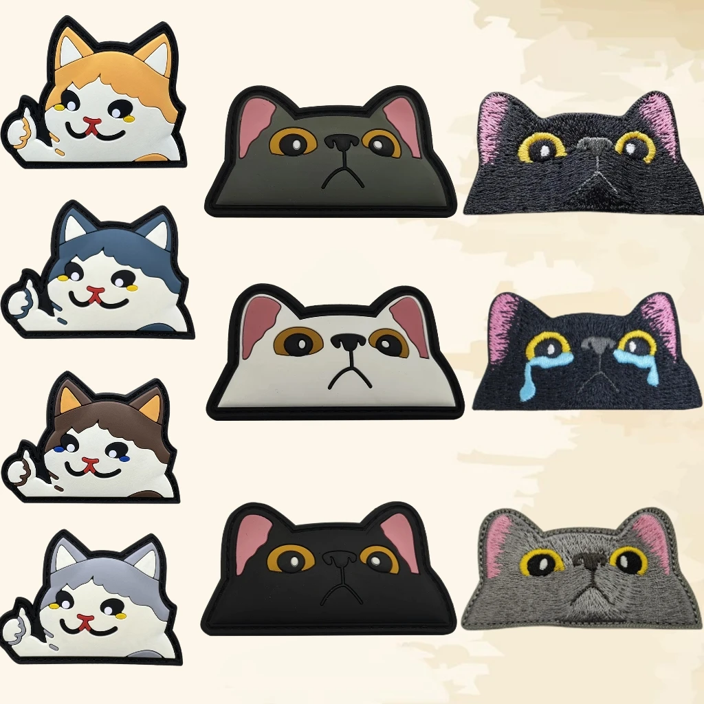 Cartoon Cat Series 3D Soft PVC Patch Interesting Cat Face Crying Embroidery Patches Backpack Morale Badge Hats Clothing Stickers