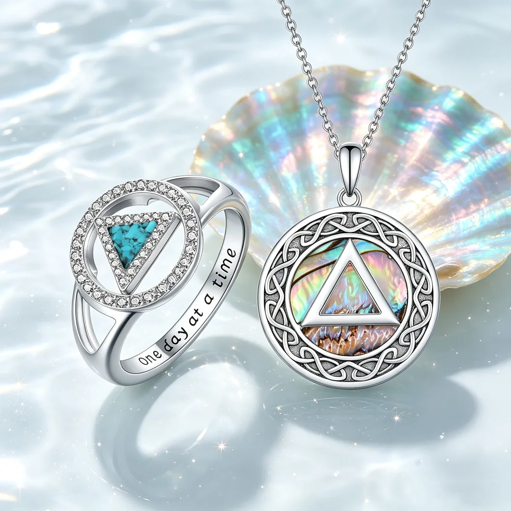 AA Sobriety Jewelry Set, Alcoholics Anonymous Ring & Abalone Shell Pendant Necklace, Recovery Gift for Women Sobriety Milestone