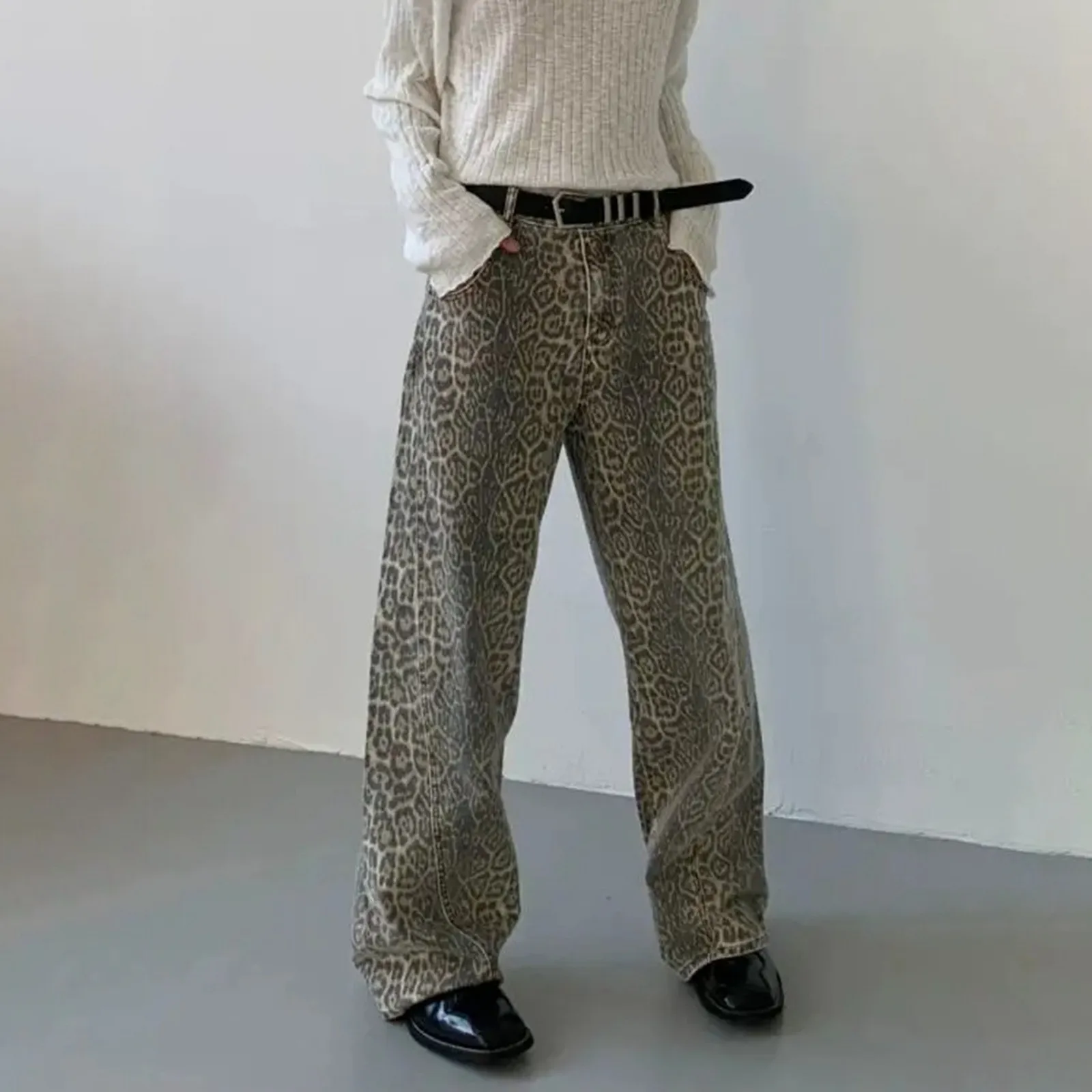 Vintage Leopard Print Denim Streetwear Retro Wide Leg Pants Street Straight Leg Relaxed Fit Vibe Style Design Jeans Pants