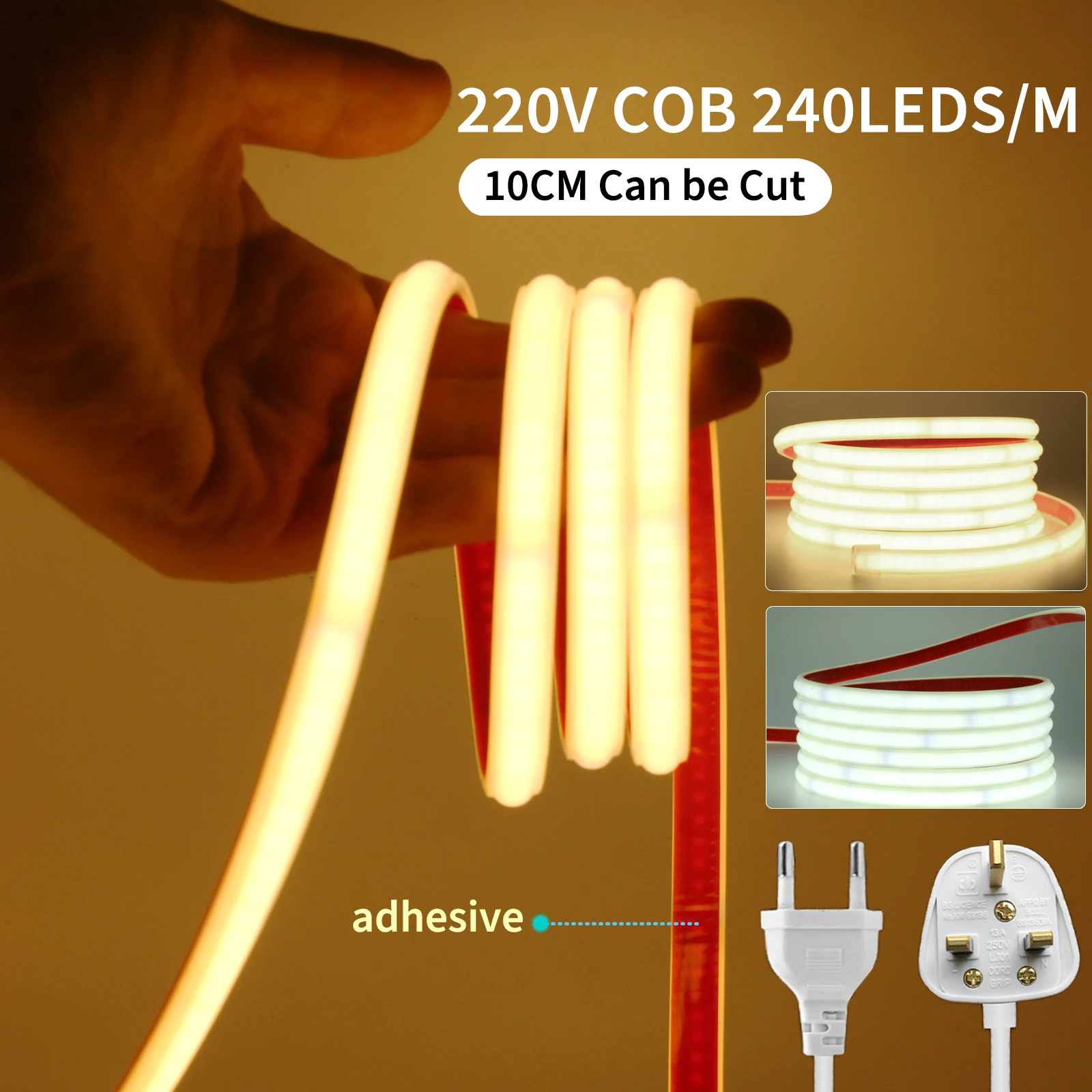 220V Adhesive COB LED Strip Light 240LEDs/m Outdoor Lamp Waterproof Neon Tape With EU UK Power Plug For Garden Kitchen Lighting